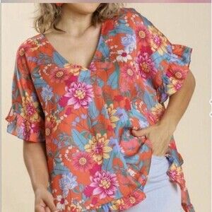 Umgee Orange Floral V-Neck Flutter Sleeve Blouse Short Sleeve S